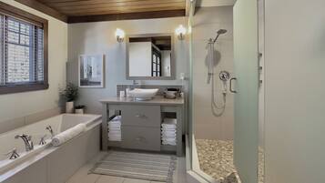 Bathtub, hair dryer, towels, soap