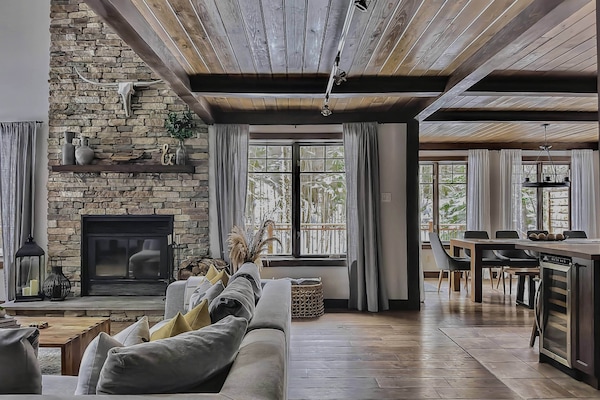 Salon principal avec foyer au bois