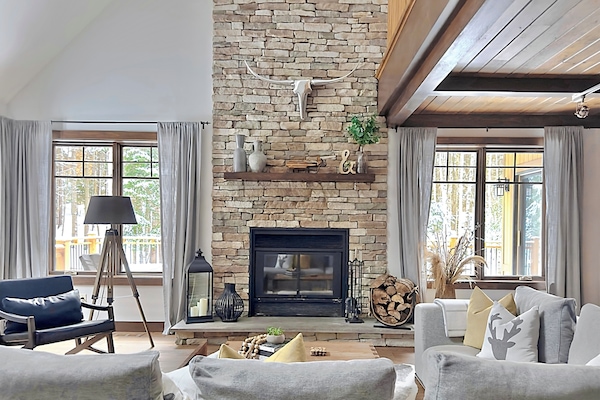 Smart TV, fireplace, books, music library