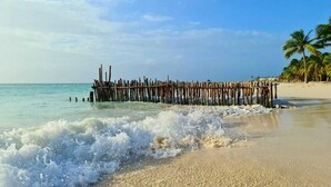 A beach with a wooden pier extending into the water, palm trees, and clear skies. - VILLA CASCADA- Lux private gated villa with elevator, Private Gated Luxury Oceanview Villa with Elev (Isla Mujeres)