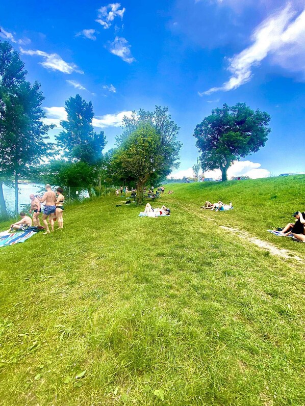A grassy park with trees and people relaxing on the grass. - Entre Ried et Rhin (Marckolsheim)