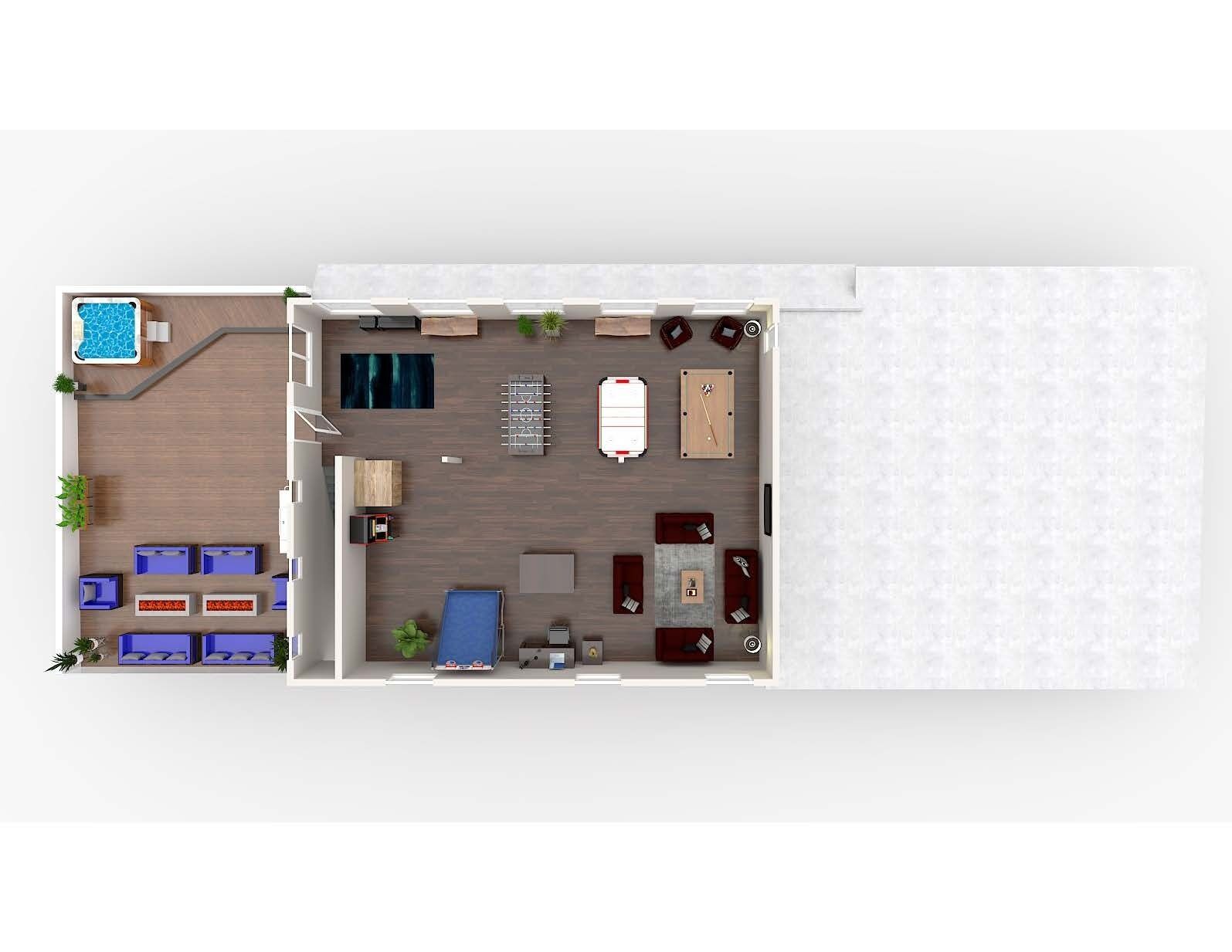Ein Hotelzimmer mit Pool, Essbereich, Wohnzimmer und Schlafzimmer.