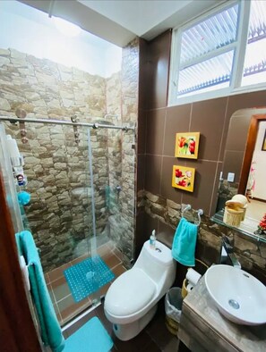 Regadera, toallas, jabón, papel de baño 