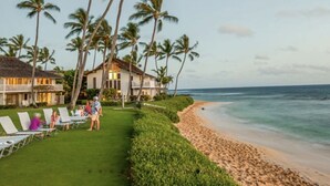 Une propriété située en bord de mer, dotée d’une pelouse bien entretenue, de palmiers et d’une plage.