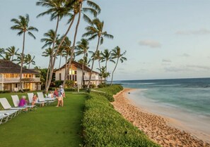 On the beach, sun loungers, beach towels