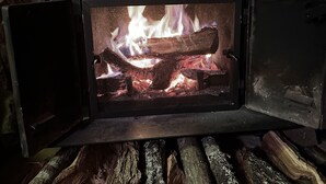 A wood-burning stove with a fire burning inside, surrounded by logs.