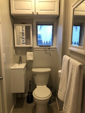 Dusche, Haartrockner, Handtücher, Toilettenpapier