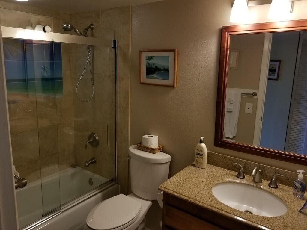 Shower, towels, soap, toilet paper