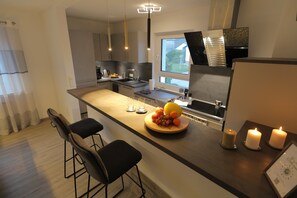 Fridge, microwave, oven, stovetop - Vacation Home "Däschinger" with Wi-Fi, Balcony, Terrace & Garden (Mastershausen)