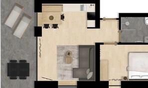 Distribución de una habitación de hotel con cama, zona de estar, kitchenette y baño.