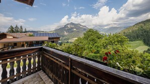 A wooden balcony with a view of a mountain, solar panels, and a green landscape.