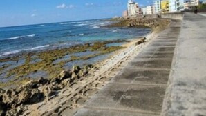 Una passeggiata costiera con un percorso in cemento, una linea di costa rocciosa e edifici sullo sfondo.