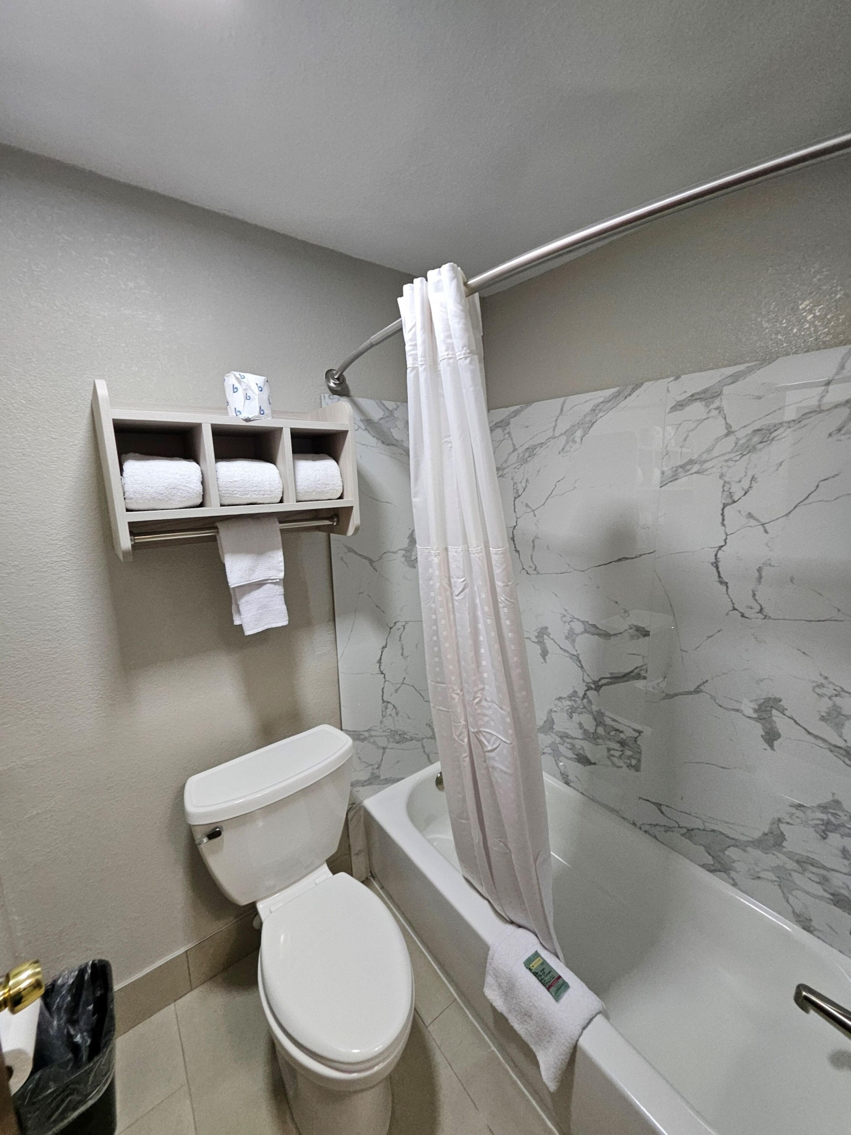 A bathroom with a toilet, a bathtub, a shower curtain, and a towel rack with towels.