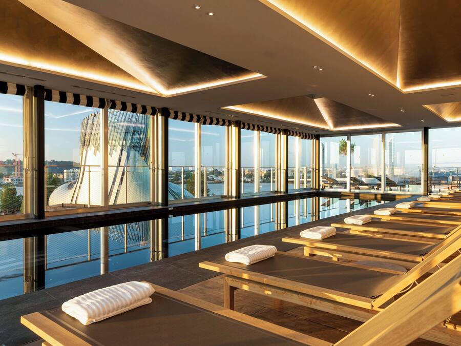 Indoor pool, open 9:00 AM to 10:00 PM, sun loungers