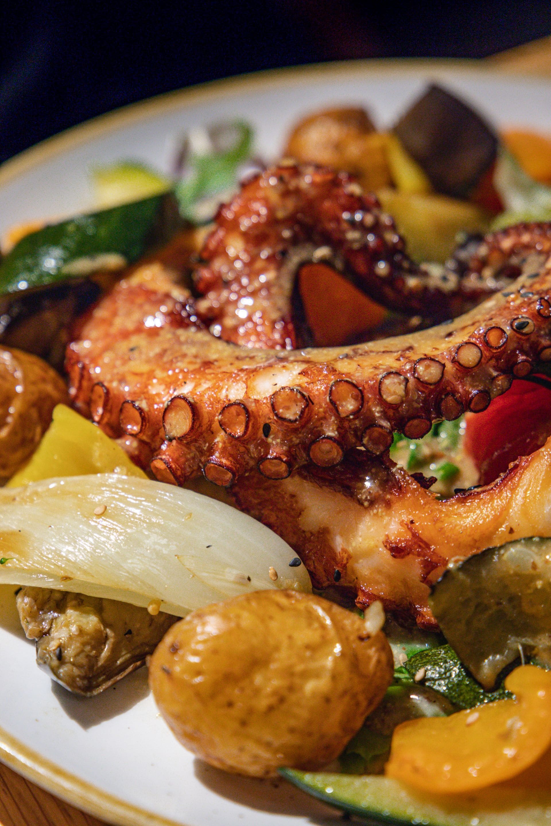 A plate of octopus with vegetables.