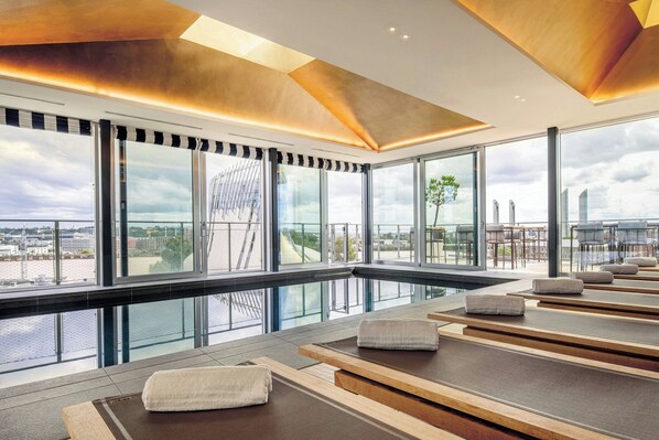 Indoor pool, open 9:00 AM to 10:00 PM, sun loungers