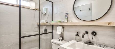 A modern bathroom with a glass shower enclosure, a large mirror, a sink with a soap dispenser, and a toilet.