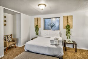 1 bedroom, laptop workspace, iron/ironing board, bed sheets