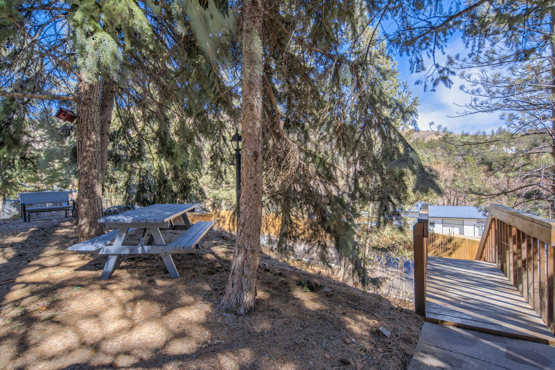 A picnic area with benches and picnic tables, surrounded by trees and a wooden deck.