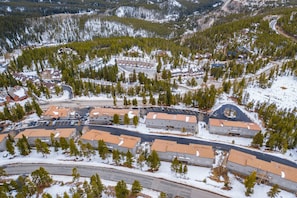 An aerial view of a residential area with multiple houses, roads, and a parking lot. - 3brbreckenridge Townhomebalcony Mtn Views Hot Tub (Breckenridge)