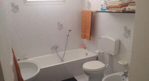 Bathtub, hair dryer, bidet, towels