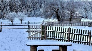 A snow-covered outdoor area with a wooden table and benches, surrounded by a wooden fence and trees. - Charming Traditional House in a Pristine Location (Fundata)