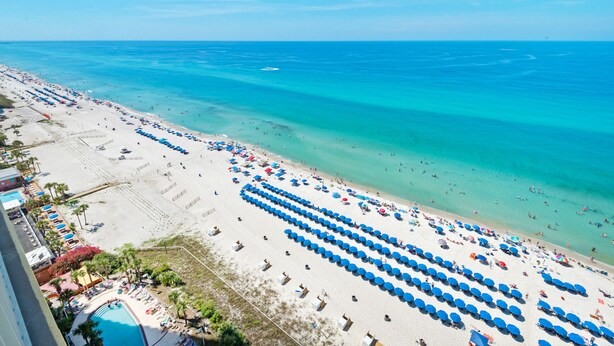 A beach with rows of blue umbrellas and lounge chairs, a pool, and a clear view of the ocean.