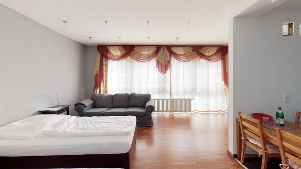 A bedroom with a bed, a grey sofa, a wooden dining table with chairs, and a radiator near the window. - Apartment in Bad Homburg, 2 rooms (Bad Homburg vor der Höhe)