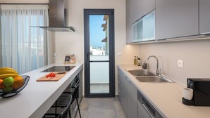Een moderne keuken met een centraal eiland, een inbouwoven en een groot raam.