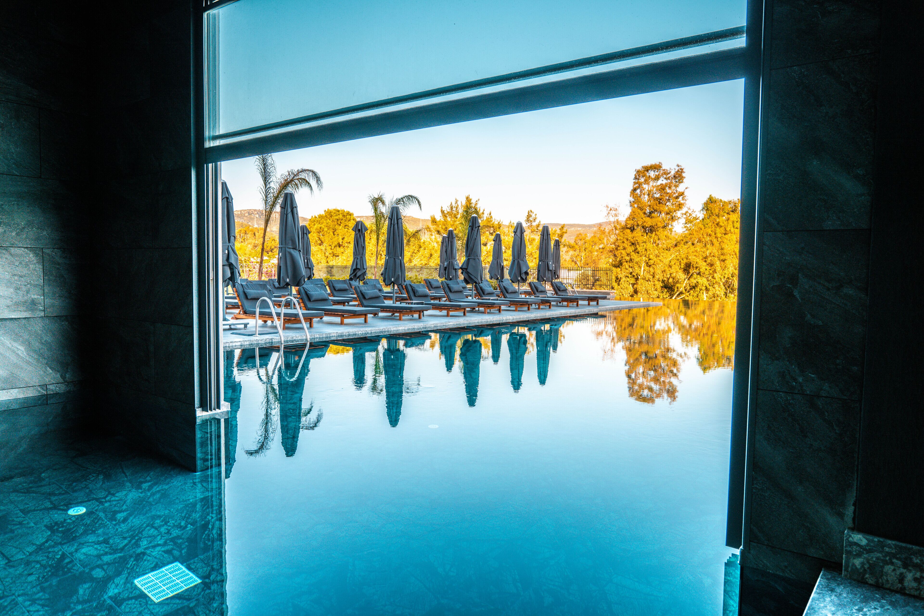 An infinity pool with lounge chairs and umbrellas, reflecting trees and a clear sky.