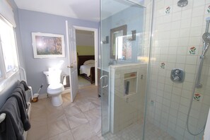 A bathroom with a toilet, a shower, and a glass-enclosed shower stall. - Private Cottage Compound On Ryders Pond with Pristine Yard (2215) (Truro)