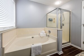Combined shower/tub, hair dryer, towels, soap