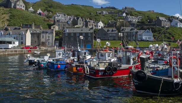 A harbor with boats docked, surrounded by houses on a hillside. - Ellie-Jo Cottage (Gardenstown)