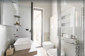 Shower, hair dryer, bidet, towels