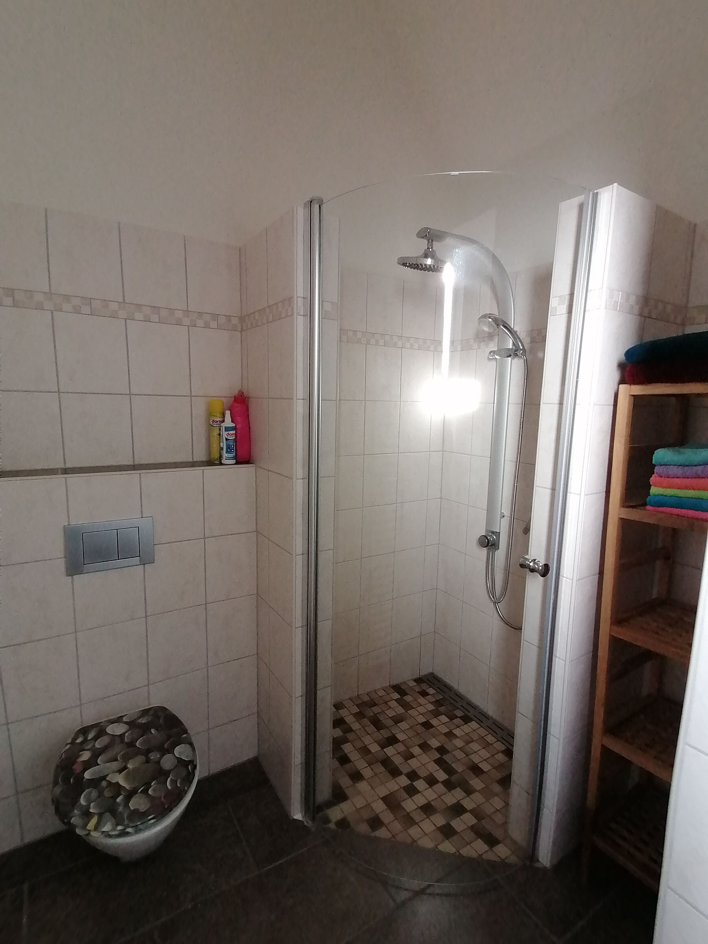 A small, tiled bathroom with a shower, a toilet, and a shelf with toiletries.
