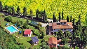 Una vista aerea di una proprietà con piscina, pannelli solari e un vigneto.