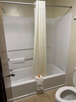 Combined shower/tub, hair dryer, towels, soap
