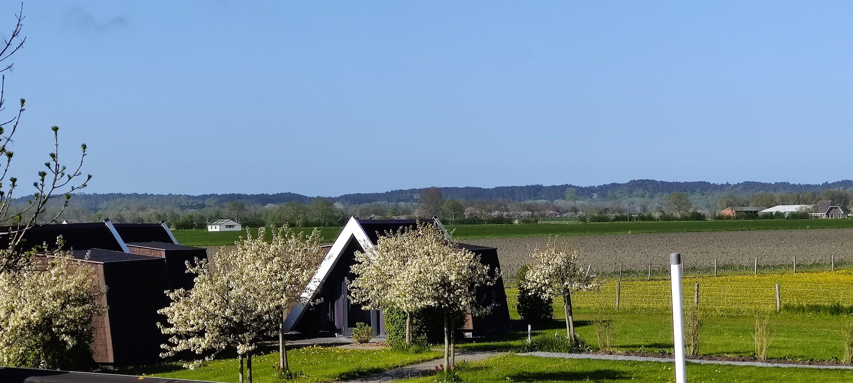 A rural landscape with modern buildings, open fields, and a clear sky.