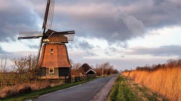 A windmill with a traditional design, a road beside it, and a grassy field in the background.