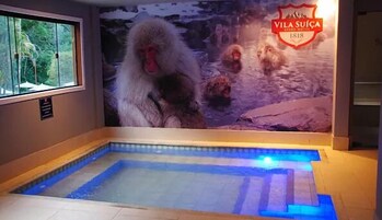 A room with a small pool, a mural of monkeys, and a sign reading "Vila Suíça 1818".