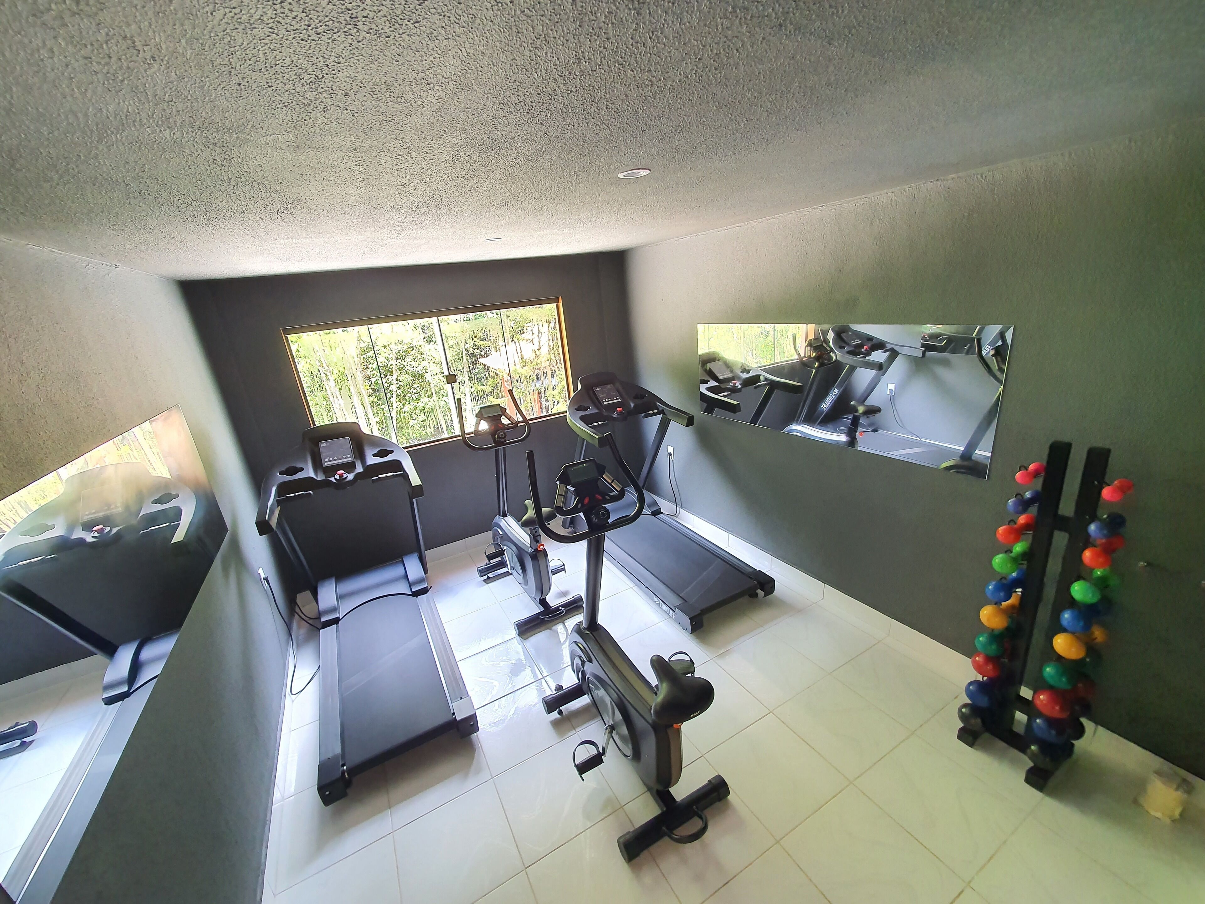 A gym with treadmills, exercise bikes, and a mirror.
