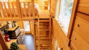 L’intérieur d’une cabane en bois comprend un lit superposé, un coin cuisine et une fenêtre qui laisse entrer la lumière naturelle.