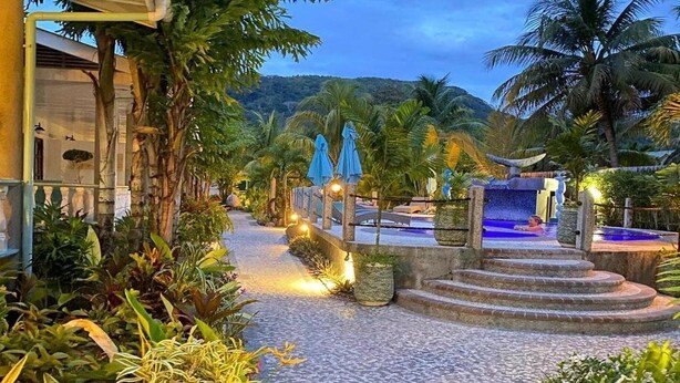 A pathway leading to a pool area with steps and palm trees, surrounded by lush greenery and a mountainous backdrop. - Cabanes des Anges Guest House (La Digue)