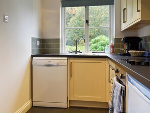 Oven, dishwasher, high chair, cookware/dishes/utensils
