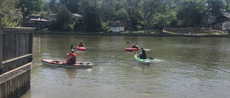 A calm river with kayaks.