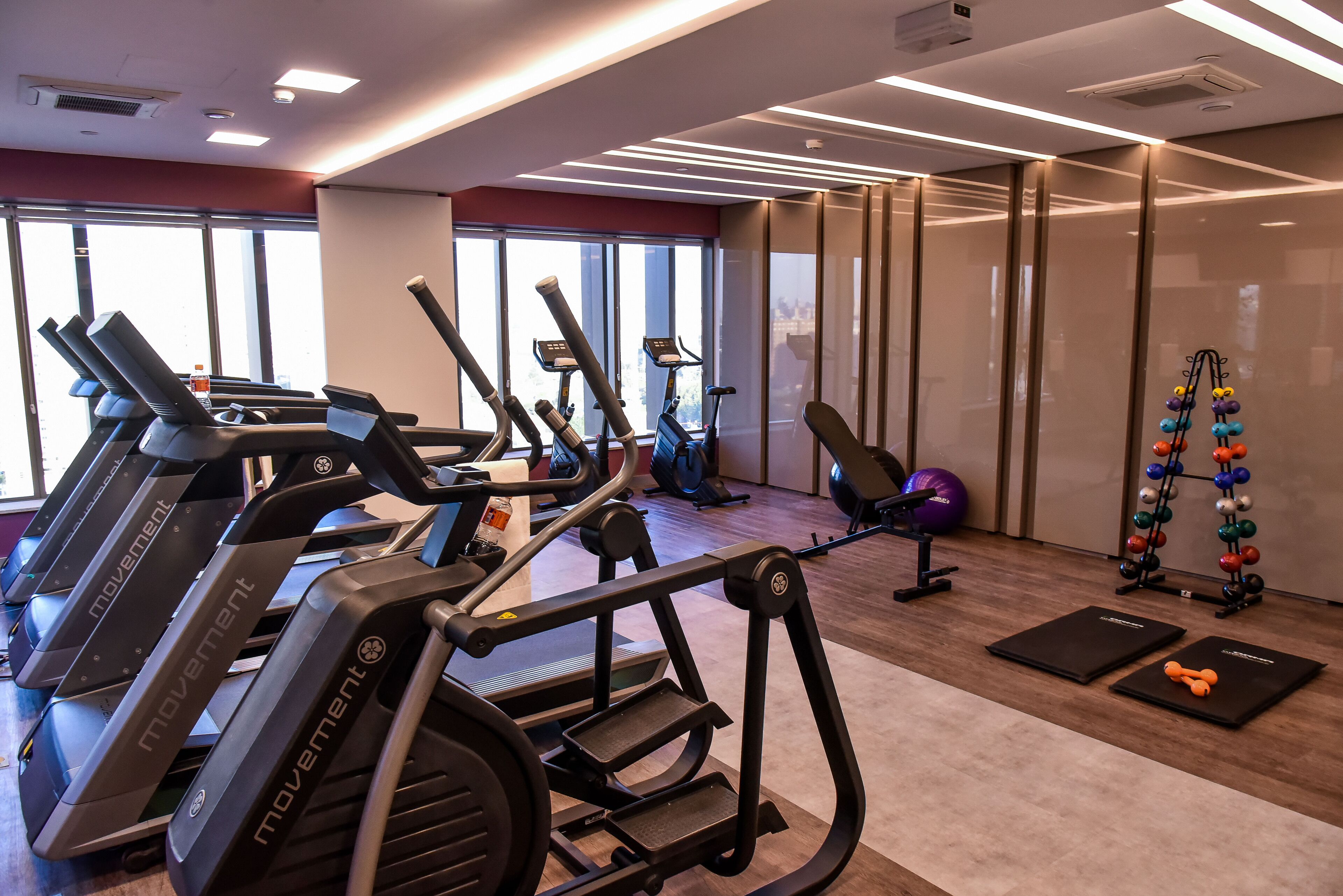A gym with treadmills, elliptical machines, a stationary bike, and a set of dumbbells.