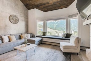 Televisión, chimenea, estéreo y oficina