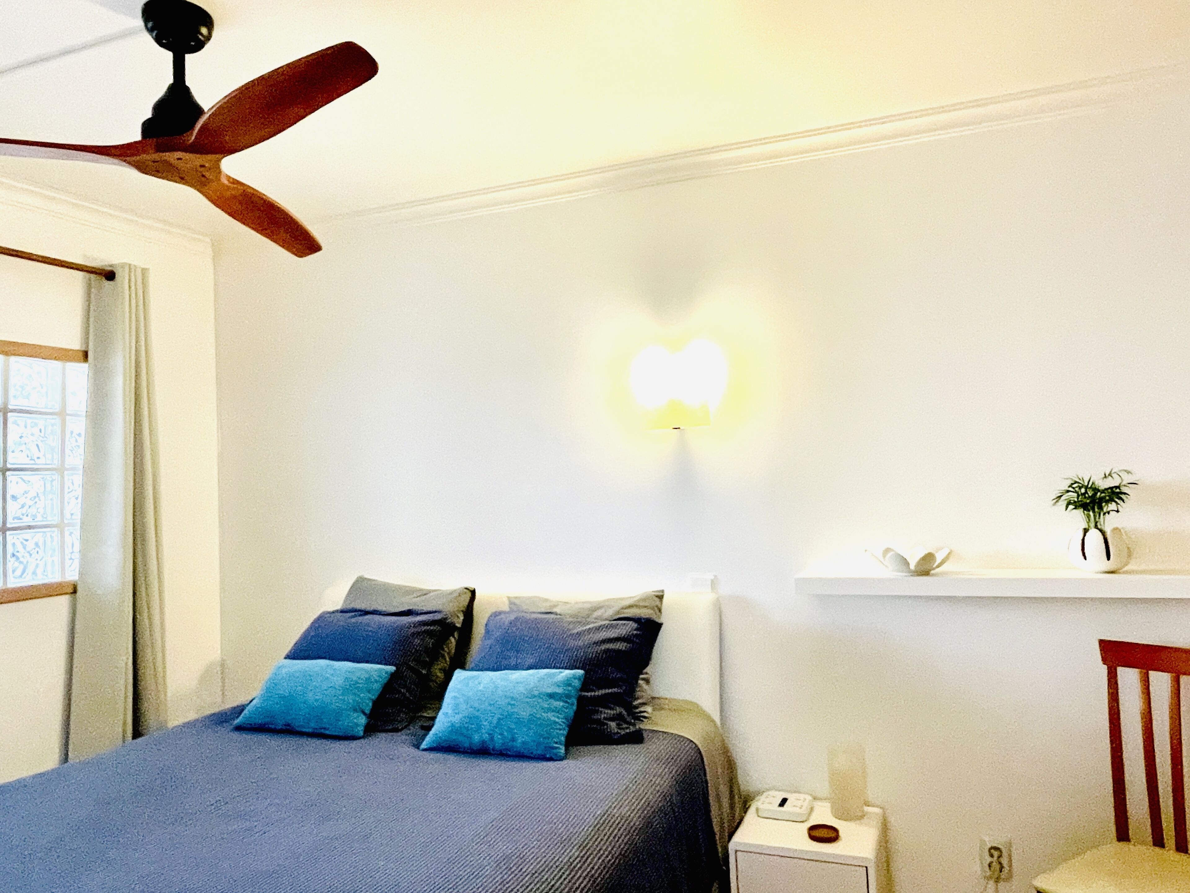 A bedroom with a bed, a nightstand, a ceiling fan, a wall-mounted light, and a small shelf with a plant.