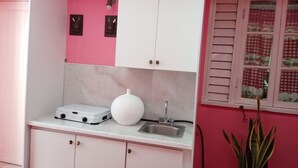 Una cocina compacta con armarios blancos, una tetera eléctrica blanca, un lavabo y una planta en maceta.