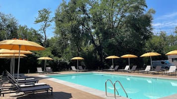 Seasonal outdoor pool, pool umbrellas, pool loungers